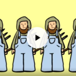 [IMAGE DESCRIPTION: a screenshot of a video showing a row of 6 identical cartoon people looking perplexed and chewing on a blade of grass, holding pitchforks, with light skin, overalls, and headscarves]