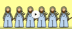[IMAGE DESCRIPTION: a screenshot of a video showing a row of 6 identical cartoon people looking perplexed and chewing on a blade of grass, holding pitchforks, with light skin, overalls, and headscarves] 