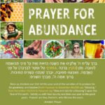 [IMAGE DESCRIPTION: Several small photos framing a green rectangle with text that reads “PRAYER FOR ABUNDANCE”. The photos show garden produce, honeybees, honey, and smiling humans of various ages holding vegetables and greens. Undearneath is the text of this blessing in Hebrew and in English.]