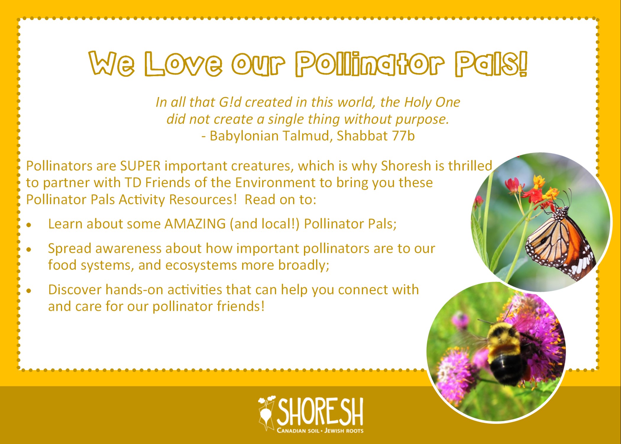 We Love our Pollinator Pals! In all that G!d created in this world, the Holy One did not create a single thing without purpose. - Babylonian Talmud, Shabbat 77b Pollinators are SUPER important creatures, which is why Shoresh is thrilled to partner with TD Friends of the Environment to bring you these Pollinator Pals Activity Resources! Read on to: Learn about some AMAZING (and local!) Pollinator Pals; Spread awareness about how important pollinators are to our food systems, and ecosystems more broadly; Discover hands-on activities that can help you connect with and care for our pollinator friends!