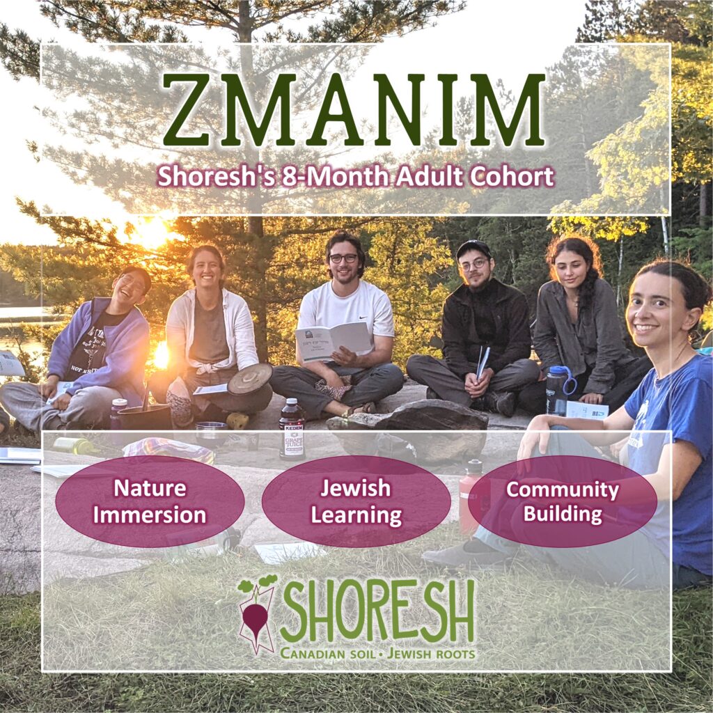 flyer for Zmanim. Text reads: ZMANIM Shoresh's 8 Month Adult Cohort at the top. On the bottom are three bubbles with text reading "Nature Immersion", "Jewish Learning", and "Community Building". Under that is the Shoresh logo. The background image is a group of smiling young adults with trees and water in the background and grape juice and other Shabbat items in front of them. They are sitting on a rocky and grassy ground with the sun setting behind them. 