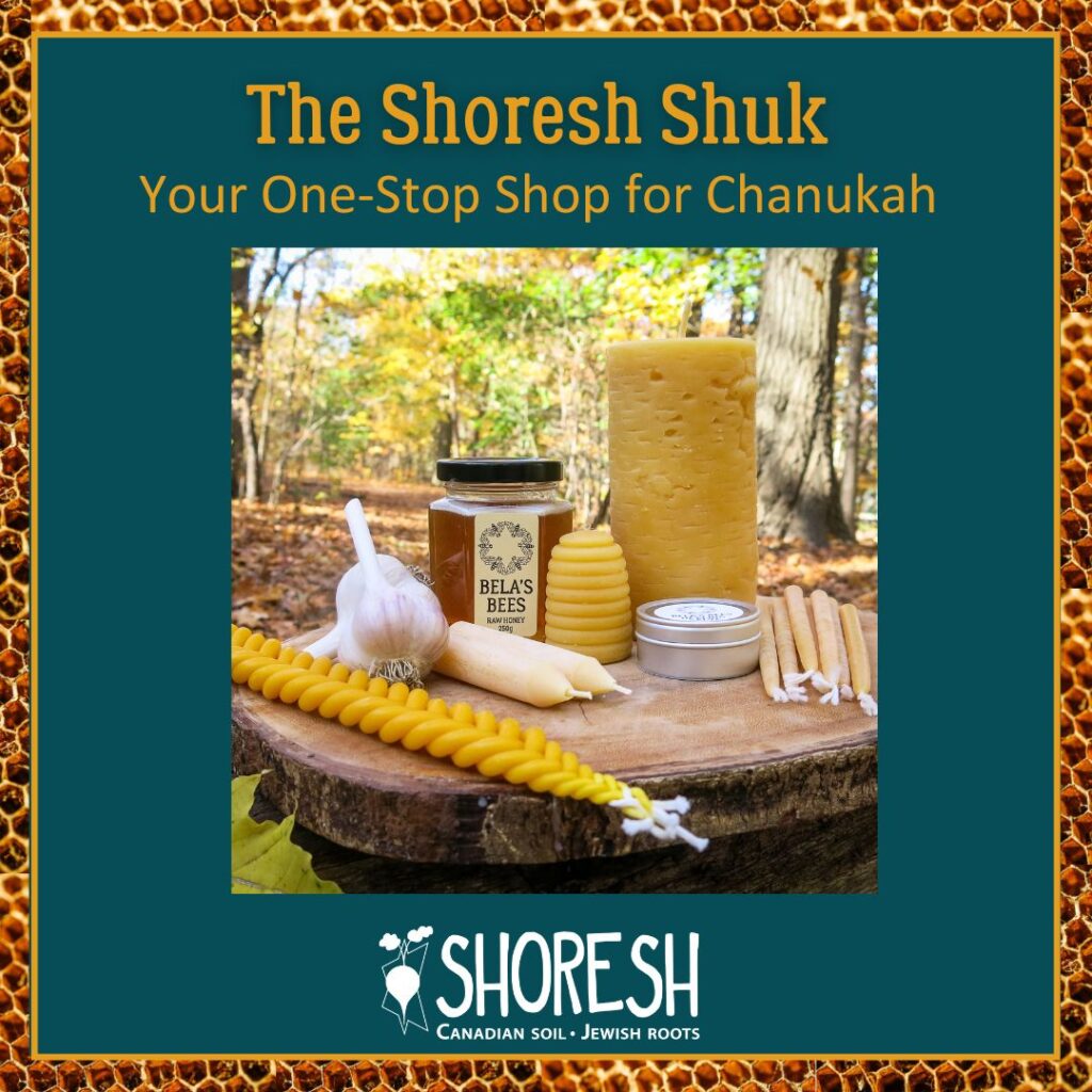 Image shows a photo with text on top of it and a border with honeycomb. The text reads The Shoresh Shuk, Your One-Stop Shop for Chanukah, and has the Shoresh logo on the bottom. The photo is of a variety of Shoresh's sustainable Jewish ritual products displayed on a stump with a foresty background. The products are a Havdalah candle, garlic bulbs, a pair of Shabbat candles, a jar of honey, a small tub of beeswax healing salve, a handful of Chanukah candles, and a large pillar candle that has a tree-bark-like texture.