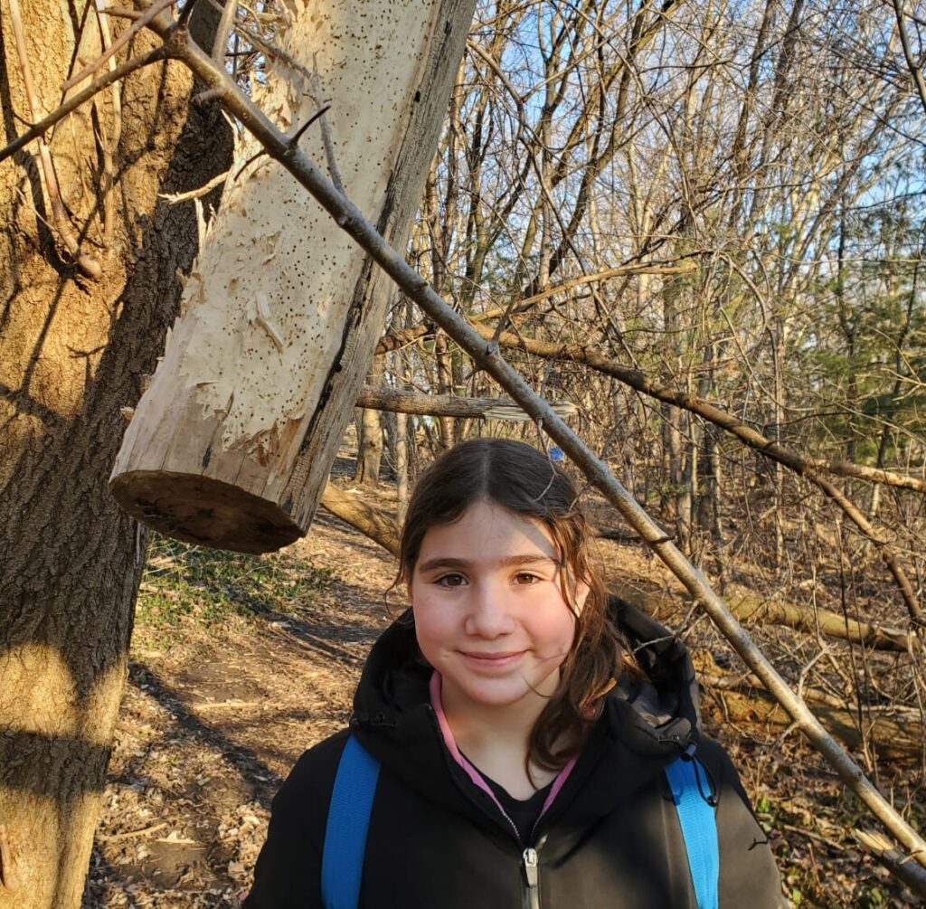 ourdoor school participant with woodpecker log